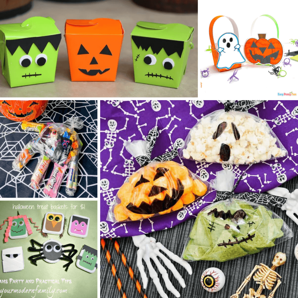 Collage image with treat boxes and bags for Halloween