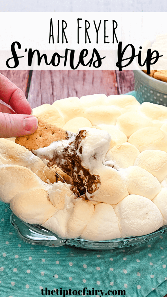 Title image with a close up of a graham cracker coming out of the air fryer s'mores dip with chocolate and gooey marshmallows. 