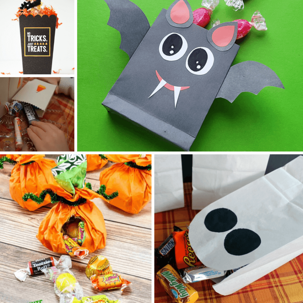Collage image with different ways to make treat bags for Halloween