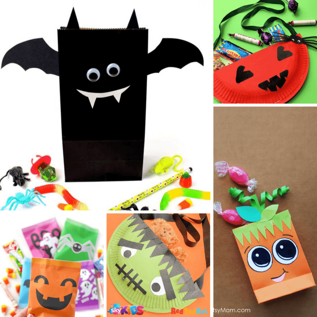 Collage image with several ways to make treat bags for Halloween