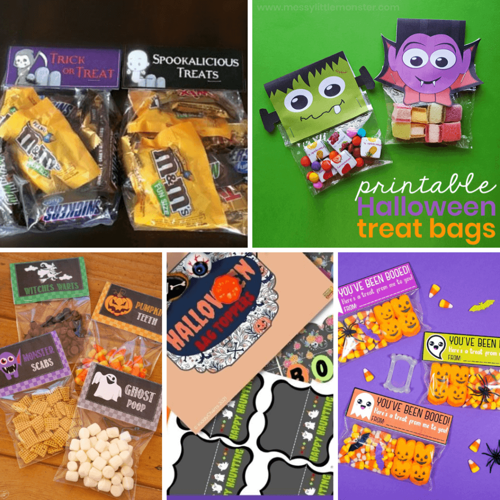 Collage image with a variety of treat bag toppers for zipper baggies for Halloween