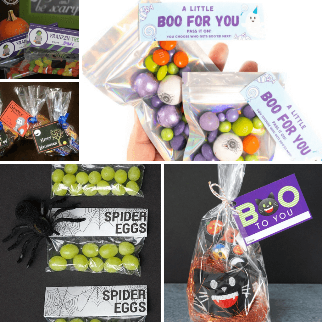 A variety of pintable treat bag toppers to attach to ziplock baggies for Halloween