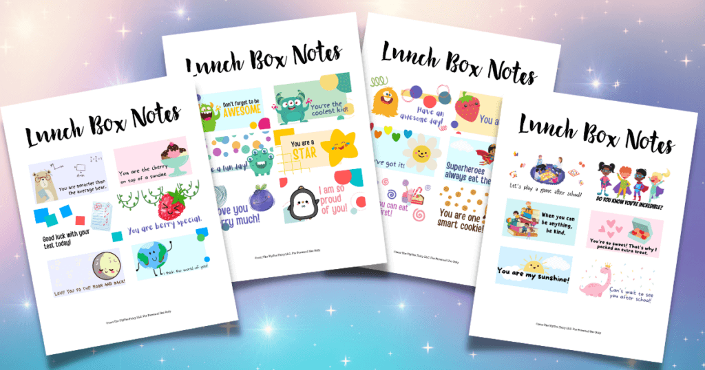 Close up view of the 4 pages of lunch box notes for kids