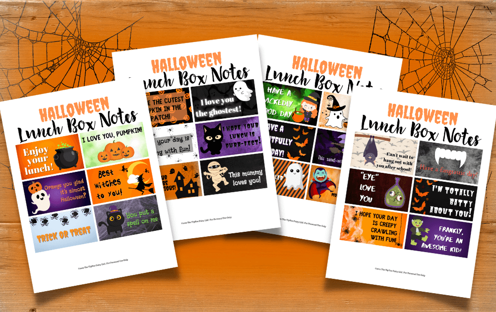 A close up view of the four pages of lunch box notes on an orange background with spiderwebs. 