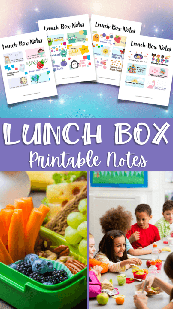 Title collage with the lunch box notes for kids with a lunch box and kids eating lunch at school