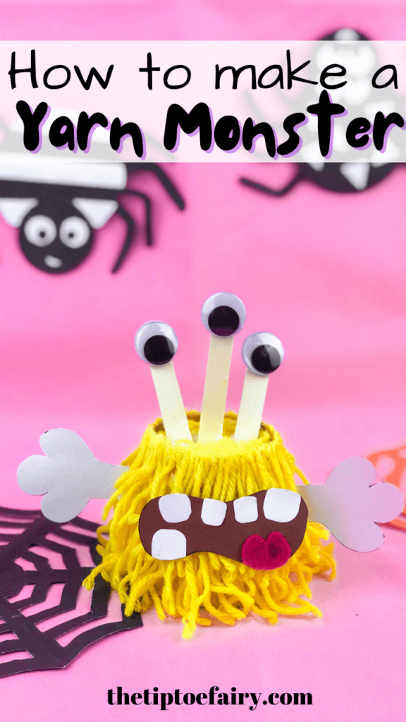 title image for yarn monsters with a yellow yarn monster on a pink background with spiderwebs and spiders. 