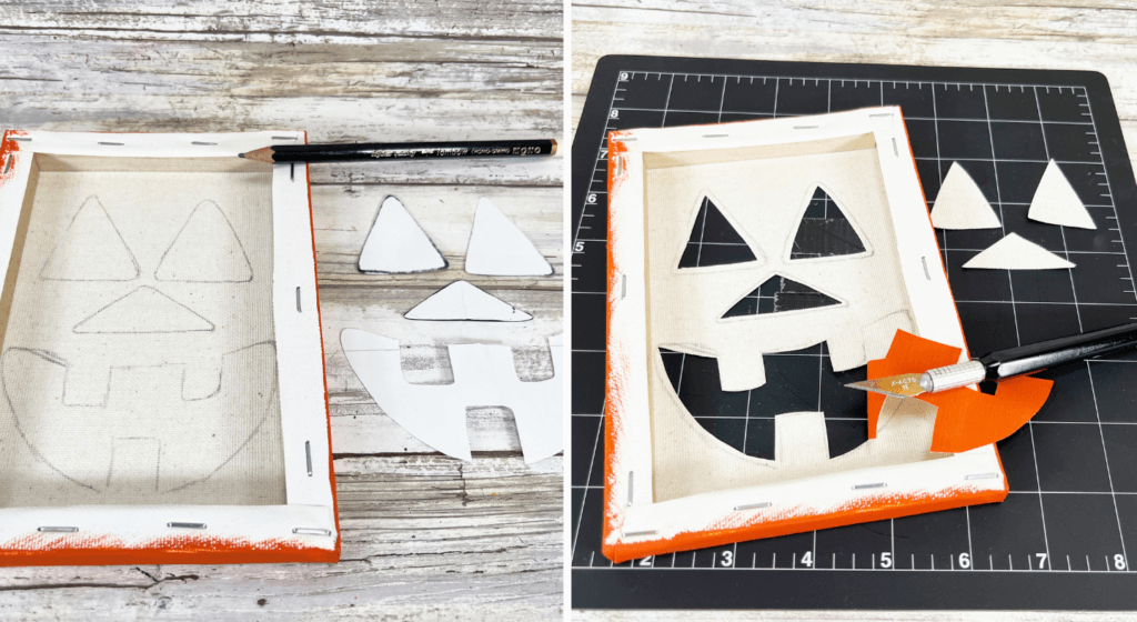 Cutting the jack o lantern face out of the front jack o lantern canvas