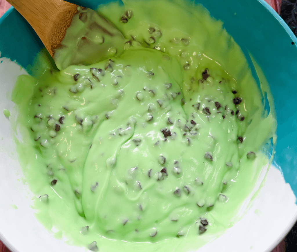 The green pudding dip mixed with chocolate chips