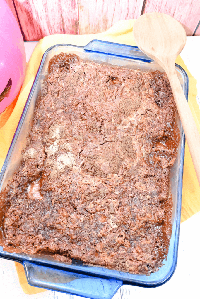 The finished candy bar dump cake after baking. 