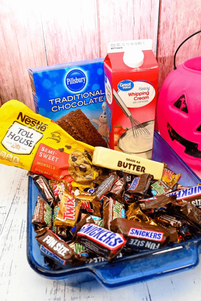 All the ingredients to make this Leftover Halloween Candy Bar Dump Cake