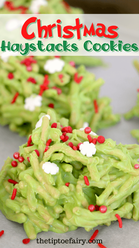 Title image of No Bake Christmas Haystacks Cookies  with sprinkles on top