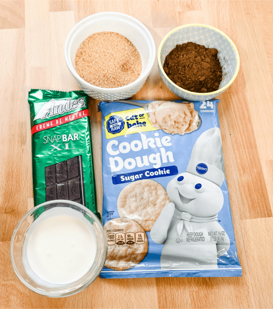 All the ingredients to make Andes Mint Chocolate Sugar Cookies