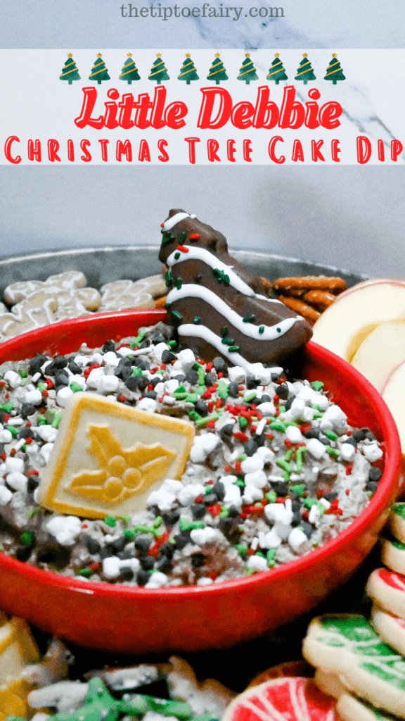 Title image with a close up of the Christmas Tree Cake Dip with a Christmas Tree Cake in it as well as a Pepperidge Farm Chessmen cookie. 