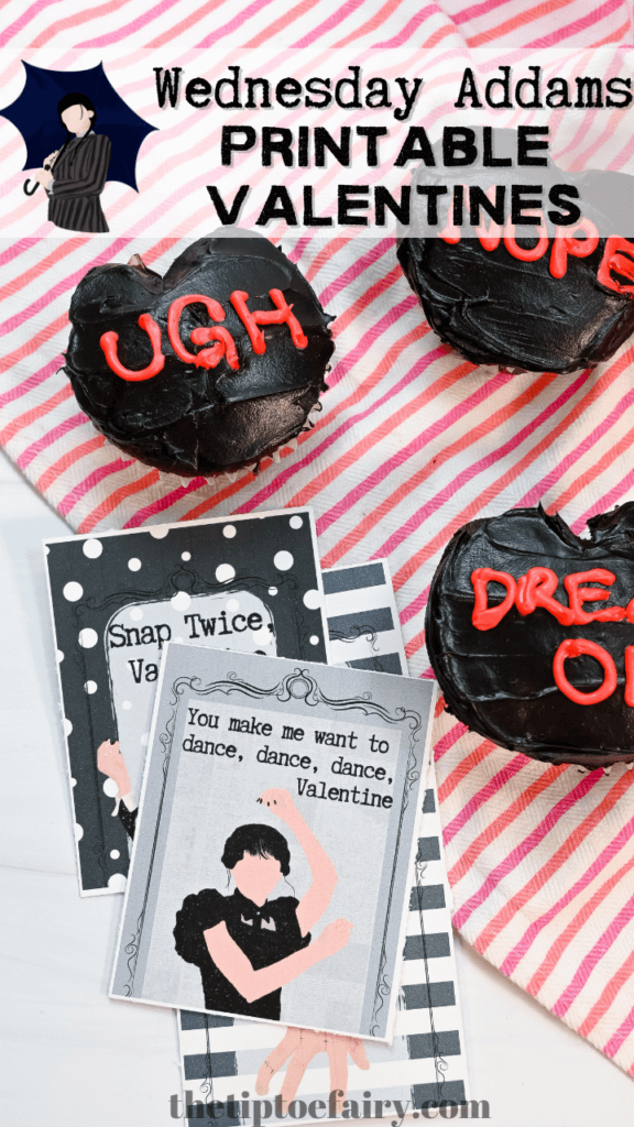 Title image with black cupcakes on a pink striped towel with the Wednesday Addams valentines. 