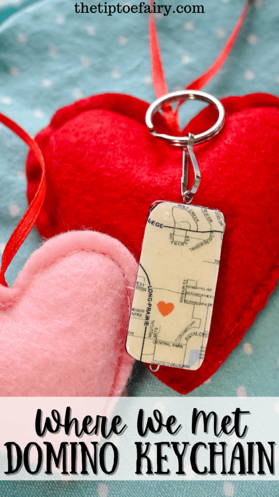 Where We Met Map Keychain Domino on pink and red felt hearts