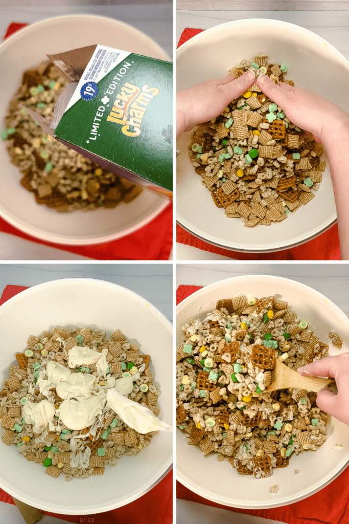 four image collage to make the leprechaun bait with white melted chocolate