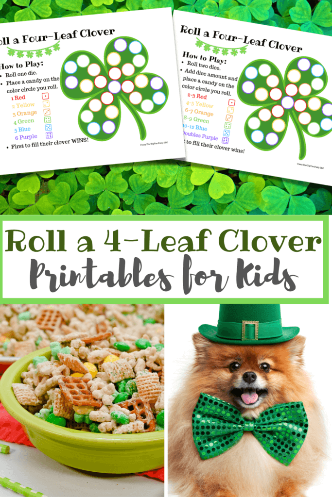 Collage image with the roll a four leaf clover game, leprechaun bait, and a dog in a leprechaun outfit. 