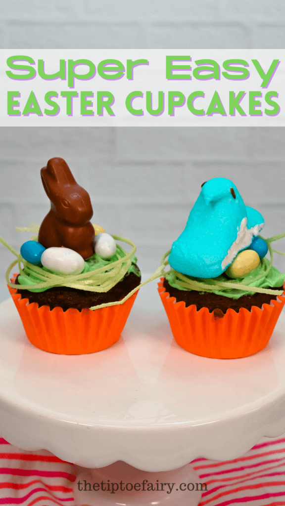 Super Easy Easter Cupcakes with a chocolate bunny cupcake and a PEEP cupcake on a white cake plate. 
