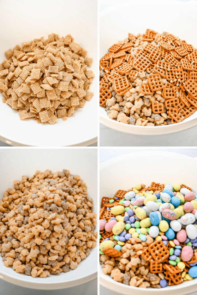 Four image collage showing adding the cereal, pretzels, and Robin Eggs