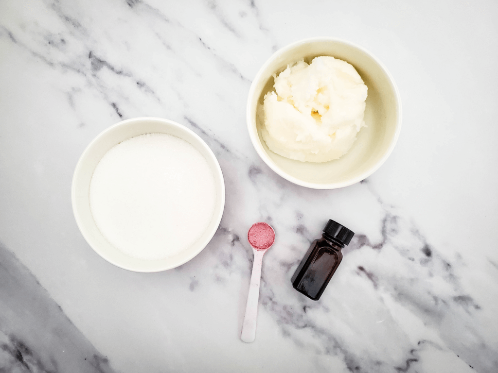 Ingredients to make Rose Vanilla Whipped Sugar Scrub