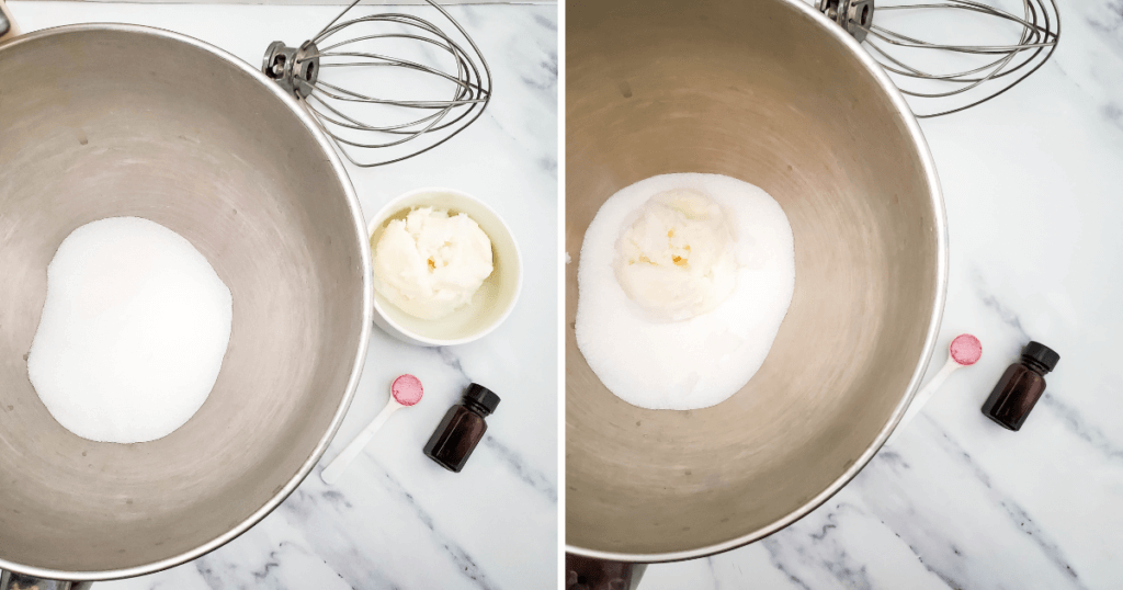 Adding the ingredients to make the whipped sugar scrub