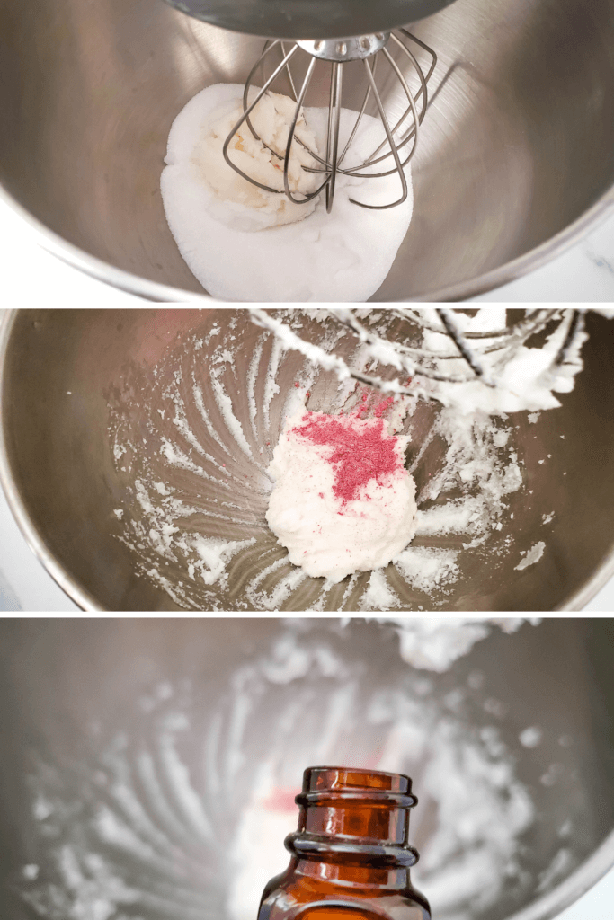 A collage of images beating the sugar scrub in the electric mixer