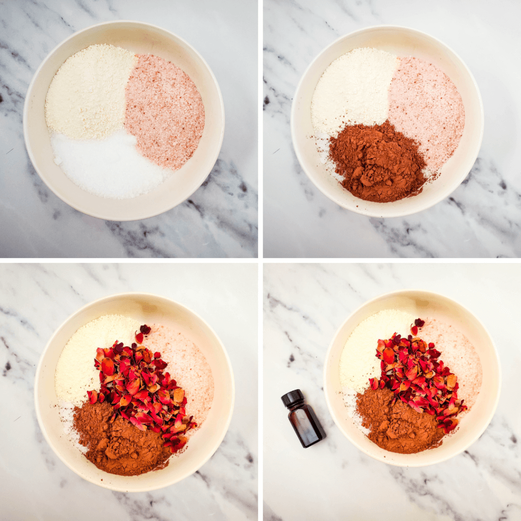 Four collage images to make the milk chocolate rose bath tea