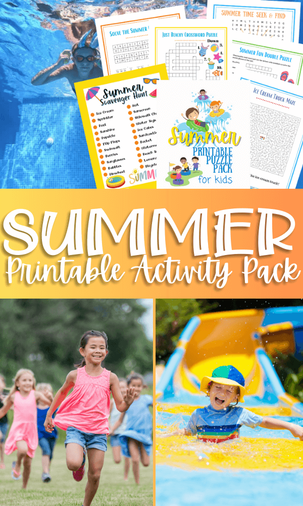 Title image with collage of free kids summer printable games and kids playing during the summertime