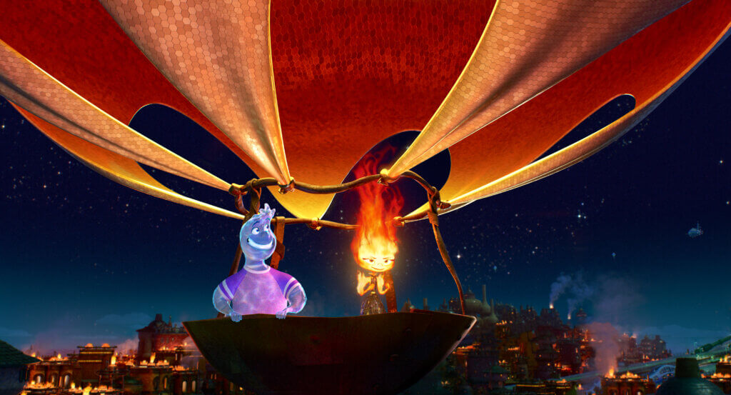 FUELING THE FIRE – Sparks fly in Disney and Pixar’s “Elemental” when Ember, a tough, quick-witted and fiery young woman, gets to know a fun, sappy, go-with-the-flow guy named Wade. Featuring the voices of Mamoudou Athie and Leah Lewis as Wade and Ember, respectively, “Elemental” releases on June 16, 2023. © 2023 Disney/Pixar. All Rights Reserved.