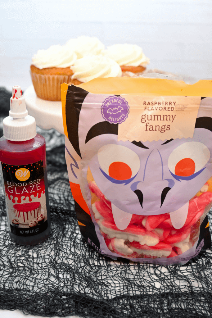 Ingredients to make these Halloween Vampire Cupcakes from store bought cupcakes