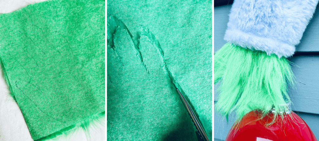 Cutting the faux fur to make a Grinch hand