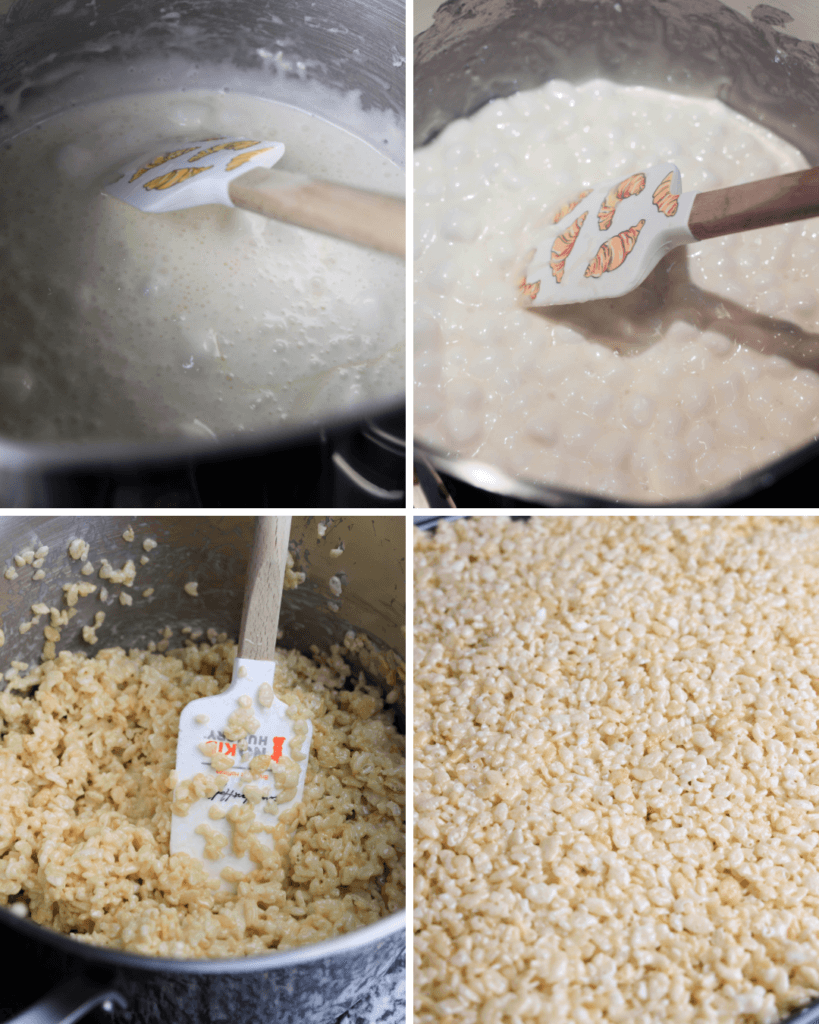 A four-image collage to make rice krispies treats