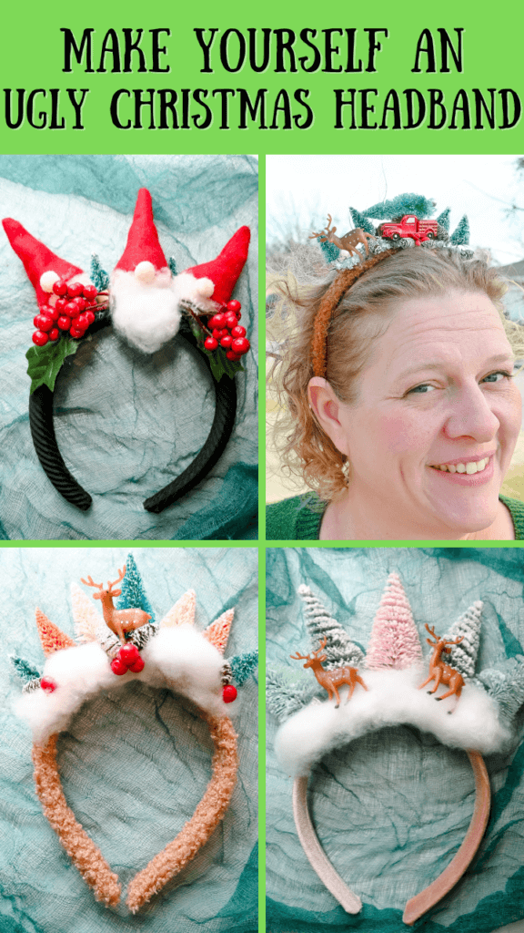 Title image with a four-photo collage of all the ugly christmas headbands