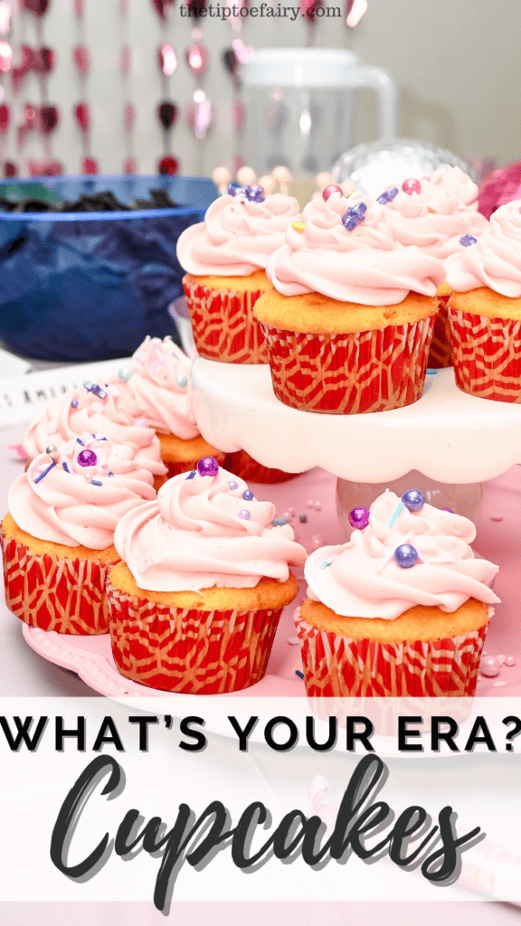 Title image with two levesl of pink cupcakes for What's Your Era Cupcakes