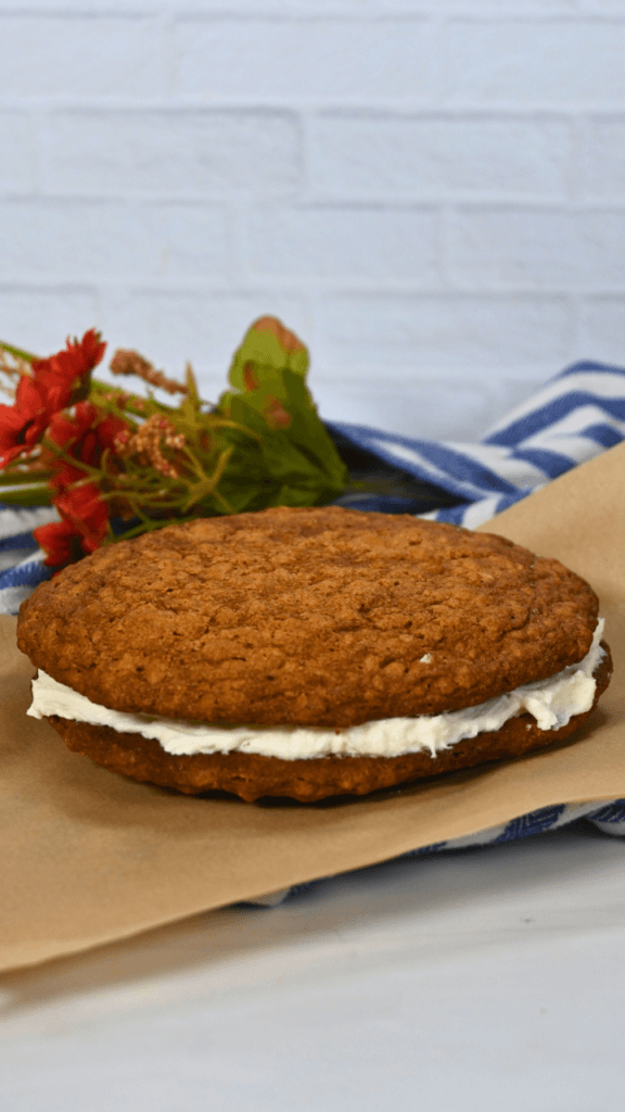 A finished giant oatmeal cream pie with filling