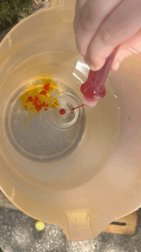 Adding yellow food coloring to water for flower "nectar."
