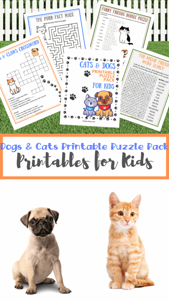 Title image with a collage of the printable games and puzzles as well as a puppy and kitty