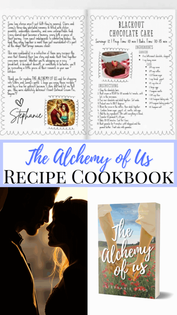 TItle image with pages from the free recipe booklet, an image of a woman and man in silhouette, and my romanc book, the alchemy of us.