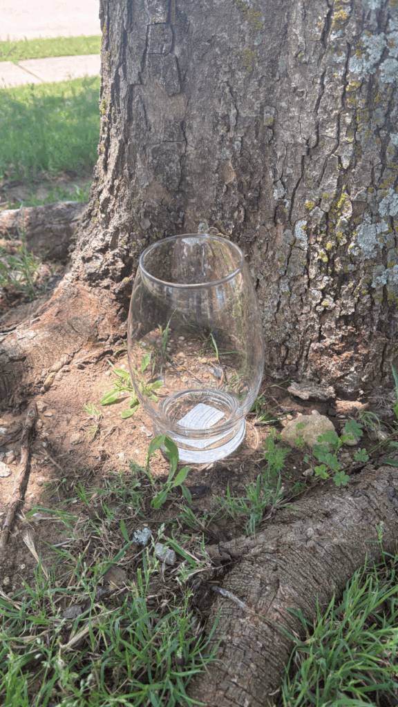 the empty glass jar by a tree as "nectar"