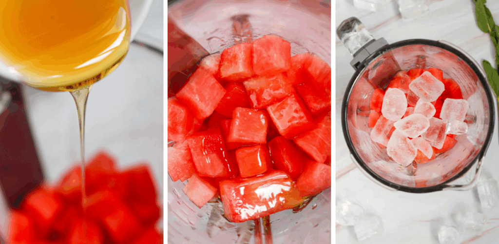 Adding the honey to the watermelon and then adding the ice.