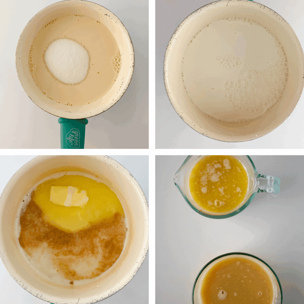 Mixing sugar into milk, letting it simmer, then adding vanilla and butter to make sweetened condensed milk.