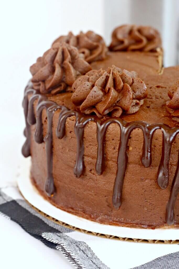 Close-up of a fully decorated Instant Pot chocolate layer cake with chocolate ganache drip and piped chocolate buttercream swirls.