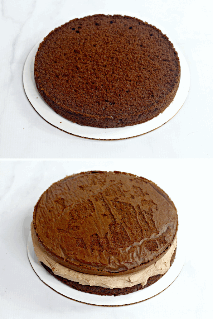First chocolate cake layer set on a white cake board, ready for frosting and stacking—perfect base for a homemade Instant Pot chocolate layer cake. Two stacked chocolate cake layers with rich chocolate frosting in between, showing the filling stage of a 3-layer Instant Pot cake recipe.