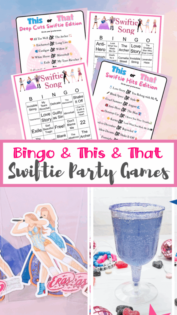An image collage with the top image of the new free games - bingo and this or that, the bottom images are a purple drink in a champagne glass and a bunch of taylor swift stickers.