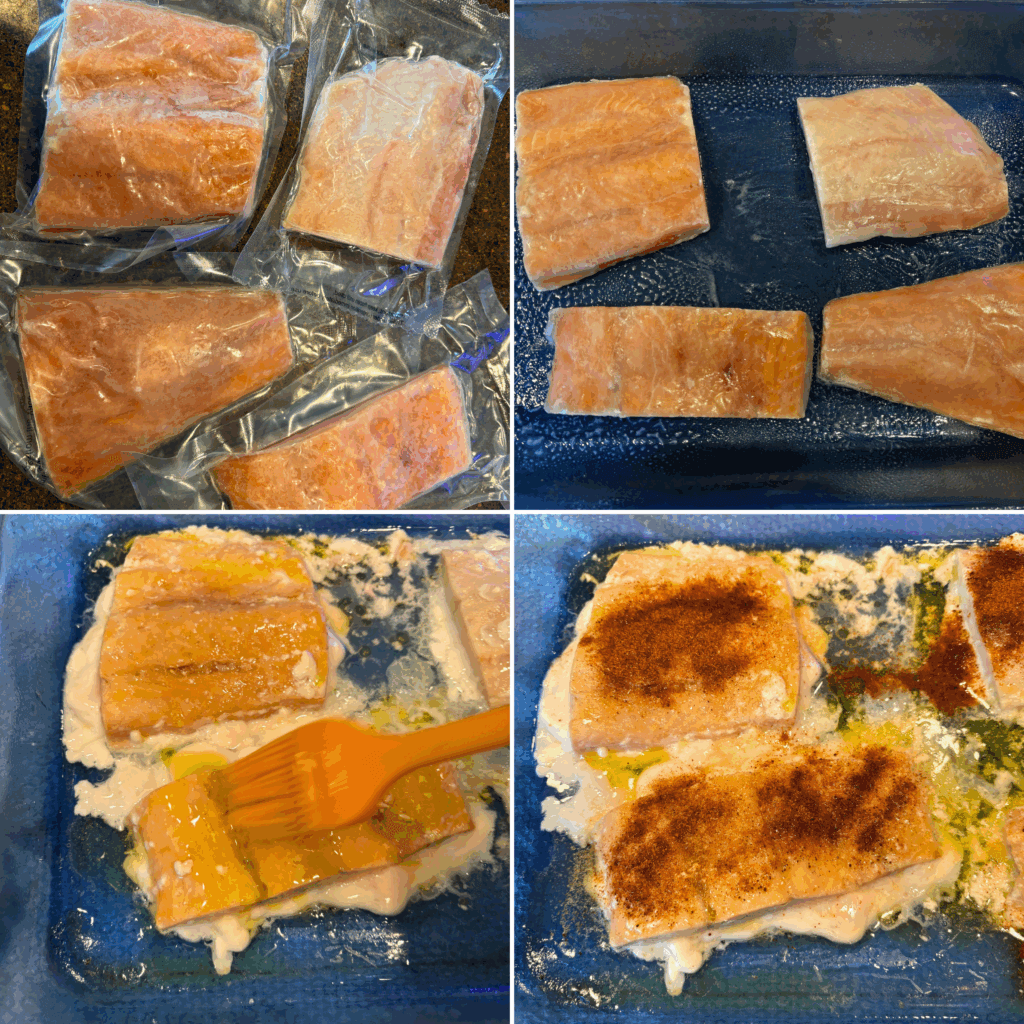 A four-collage image of the process for making baked salmon in the oven from frozen.