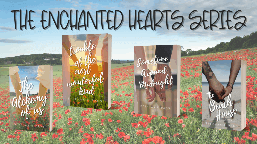 A field of poppies with four paperback romance books The Enchanted Hearts Collection