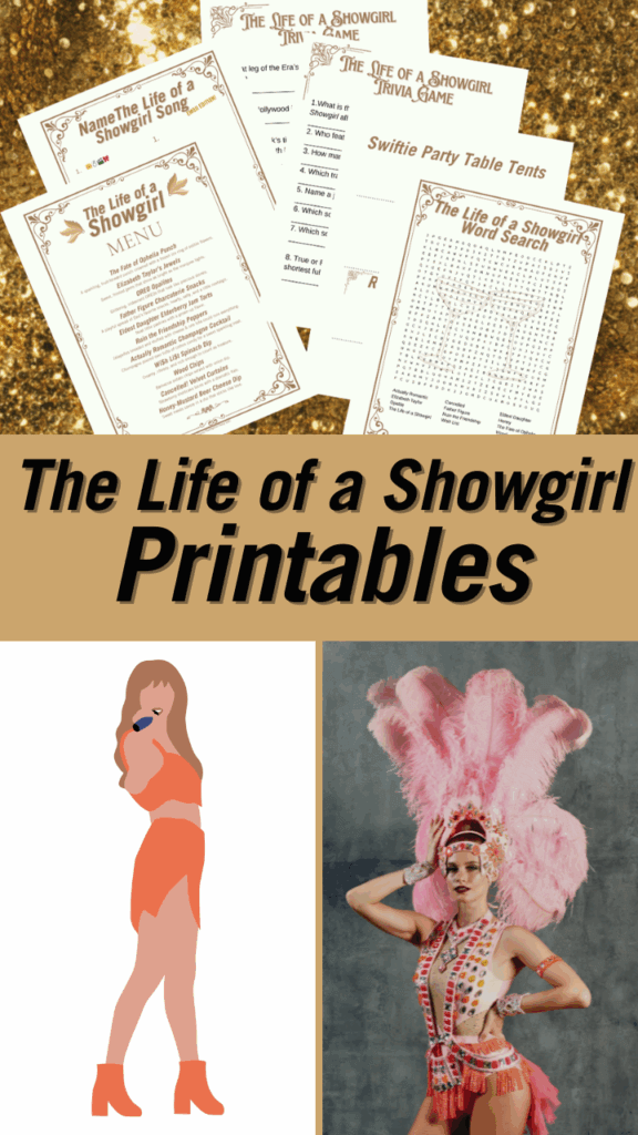 Collage image for with free printables for a Taylor Swift's The Life of a Showgirl party. 