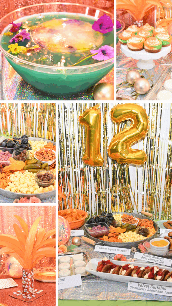Collage image of various recipes and things for The Life of a Showgirl party. A showgirl centerpiece, the dad snacks charcuterie, the swirlie mini cheesecakes, the Ophelia punch drink