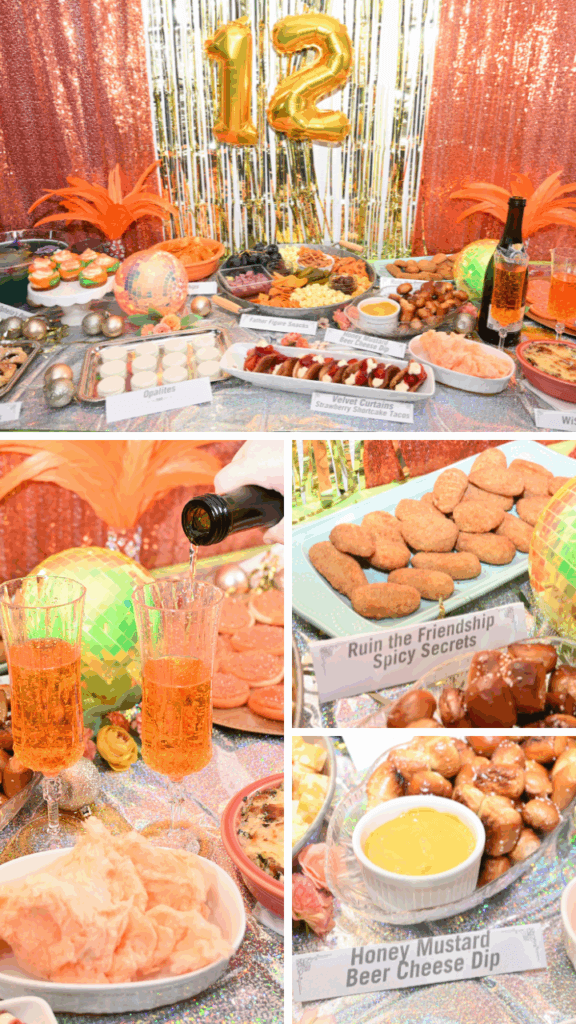 Collage image of various recipes and things for The Life of a Showgirl party. The full table of food, the Actually Romantic cotton candy champagne cocktails, the jalapeno poppers, the beer cheese dip