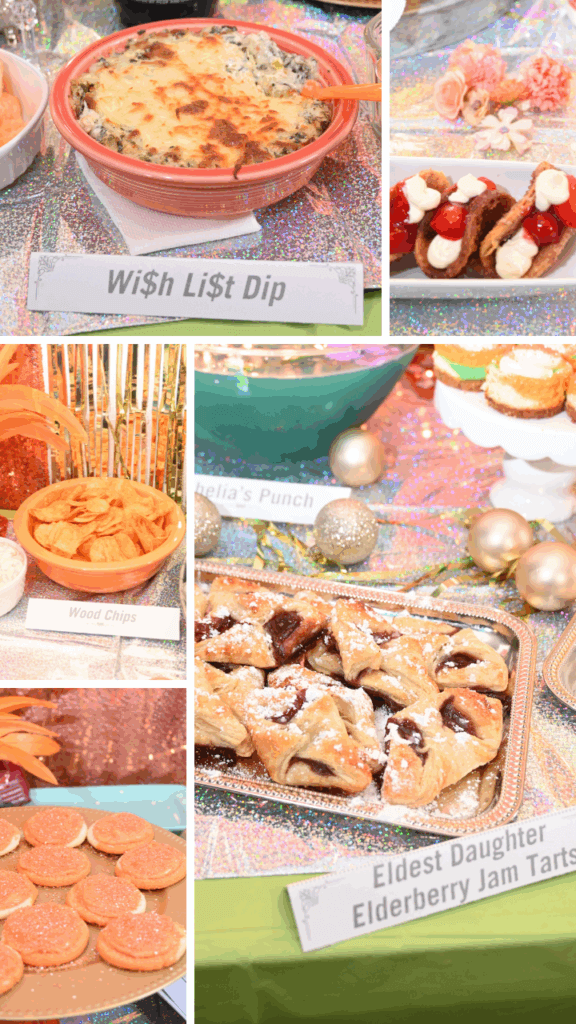 Collage image of various recipes and things for The Life of a Showgirl party. The wish list spinach dip, the wood bbq chips, the eldest daughter elderberry jam tarts, the velvet curtain strawberry cheesecake tacos.